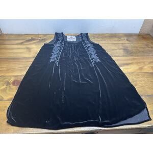 Johnny Was JWLA Black Crushed Velvet Boho Embroidered Silk Blend Pintucked Dress